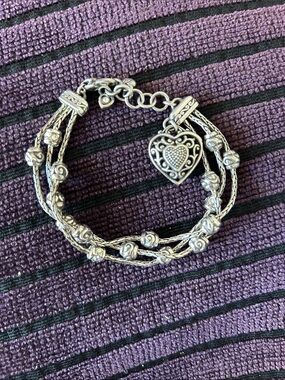 Brighton Reno Silver Triple Strand Puff Heart Charm Reversible Layered Bracelet
